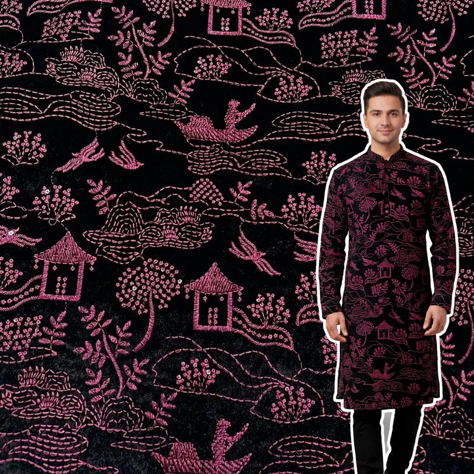Trending Dark Pink Embroidered Velvet Fabric – Premium Winter Wear Material
