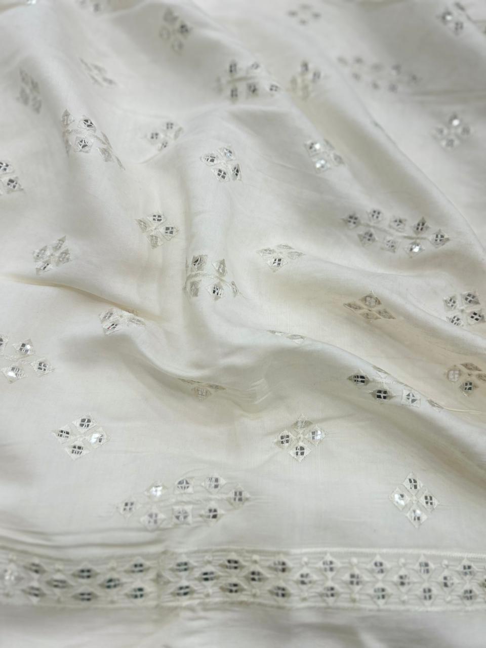 Cream Roman Silk Fabric with Mirror Work for Men’s Kurta Design.