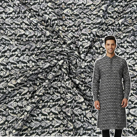 Black rayon viscose sequin kurta fabric with position print for festive menswear