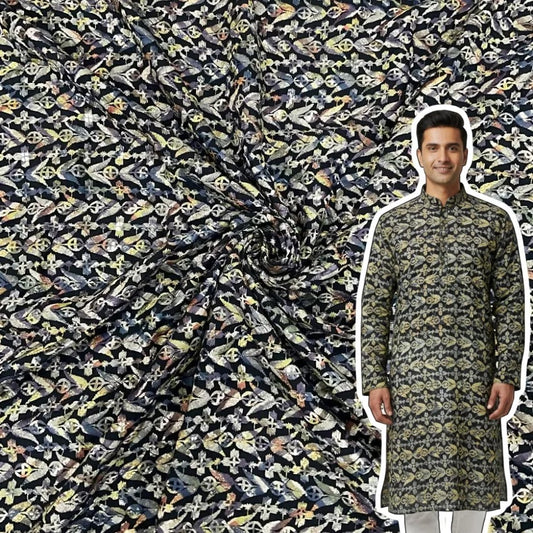 Premium rayon viscose sequin kurta fabric with all-over position print for festive menswear