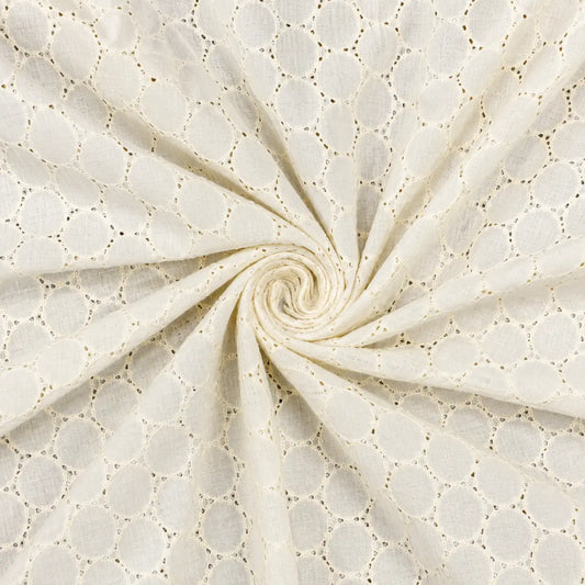 Pure cotton dyeable Hakoba Schiffli fabric with all-over embroidery, 44-inch width.