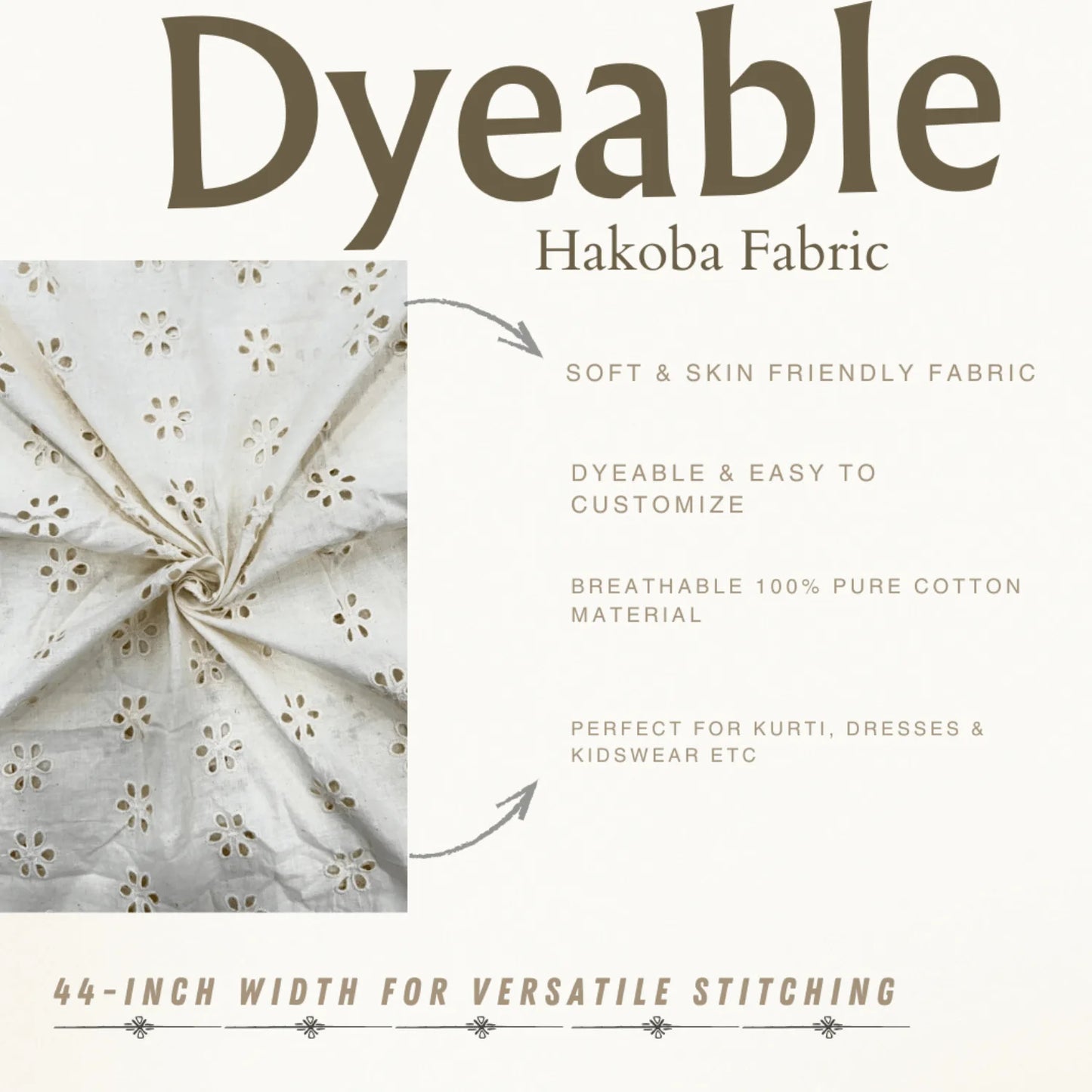 Dyeable Hakoba cotton fabric with floral eyelet embroidery, 44-inch width for dresses, kurtis and kidswear.