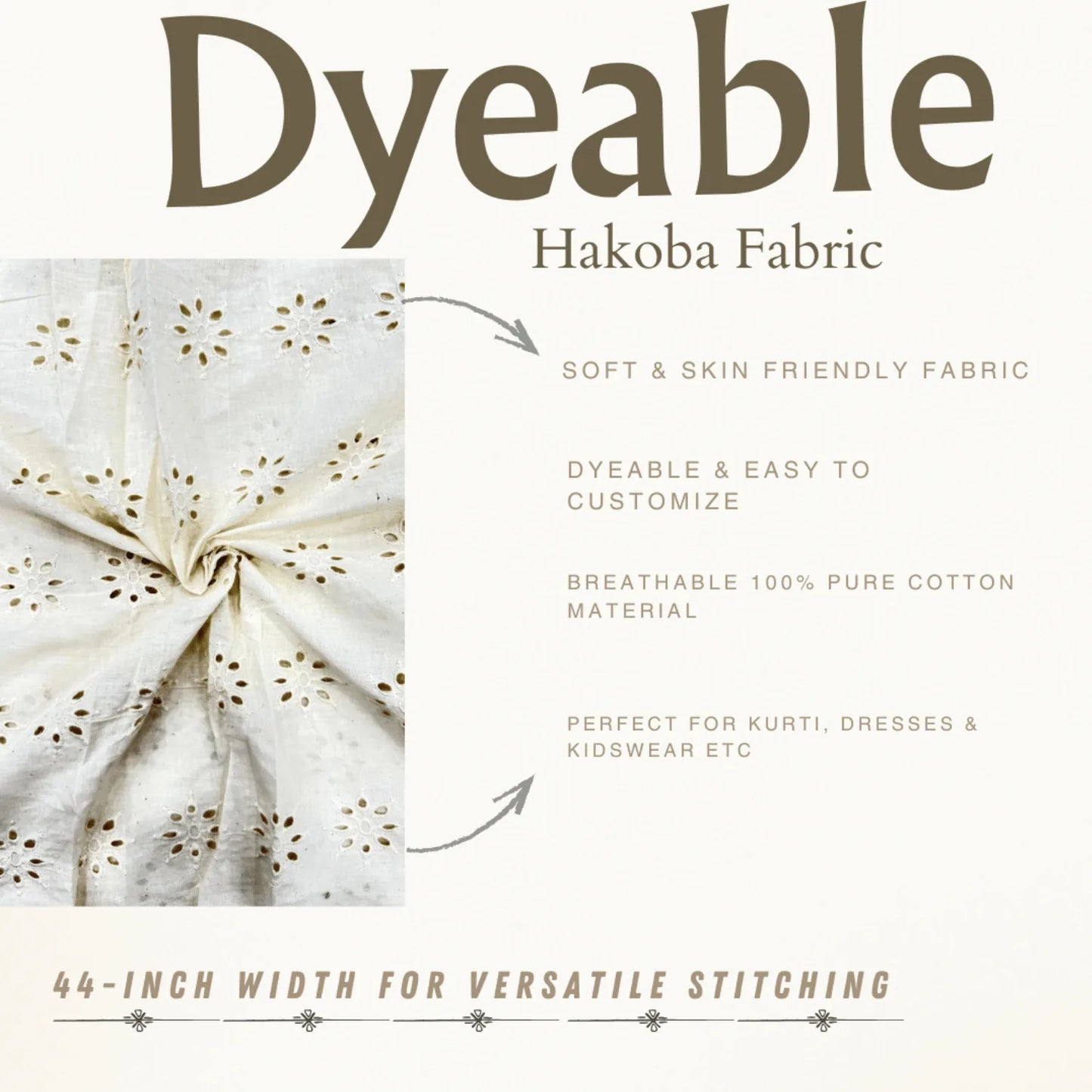 Premium Dyeable Hakoba Cotton Schiffli Fabric crafted from 100% pure breathable cotton with elegant floral eyelet embroidery. Soft skin-friendly fabric, easy to dye and customize, perfect for kurtis, dresses, tops, kidswear and ethnic wear. 44-inch width.
