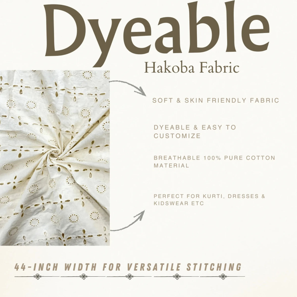 Premium Dyeable Hakoba Schiffli Cotton Fabric with eyelet embroidery, 44-inch width, soft breathable cotton fabric suitable for kurtis, dresses, salwar suits, tops, kidswear and ethnic wear.