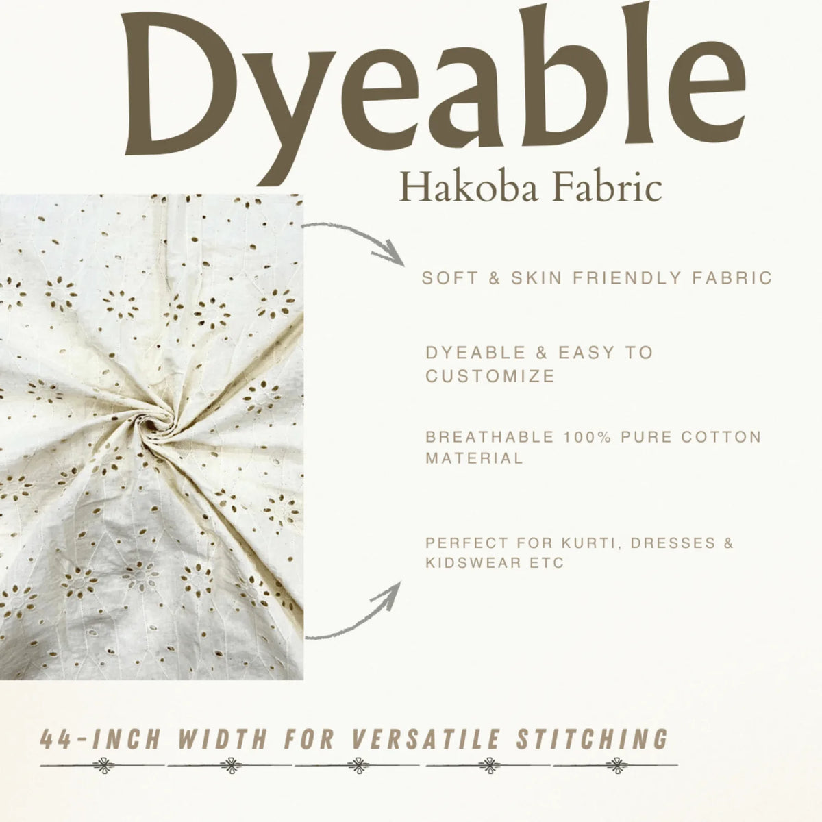 Premium Dyeable Hakoba Schiffli Cotton Fabric features soft breathable cotton, eyelet embroidery, 44-inch width, ideal for kurtis, dresses, salwar suits, kidswear and ethnic wear.