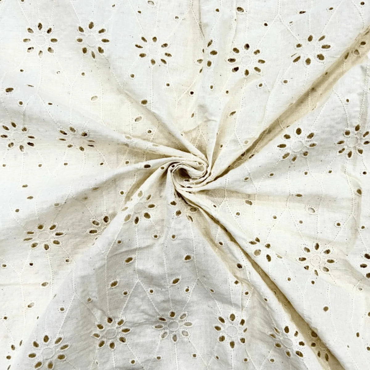 Premium Dyeable Hakoba Schiffli Cotton Fabric with floral eyelet embroidery, 44-inch width, soft breathable cotton fabric for kurtis, salwar suits, dresses, tops and ethnic wear.