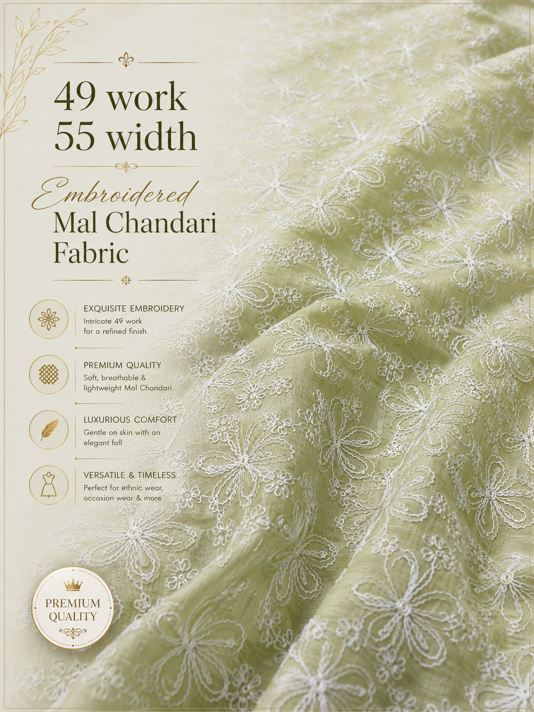Pastel Green Embroidered Mal Chanderi  Emborderd Fabric With White Floral Thread Work – 49 Work | 55 Inch Width | ThreadnThan