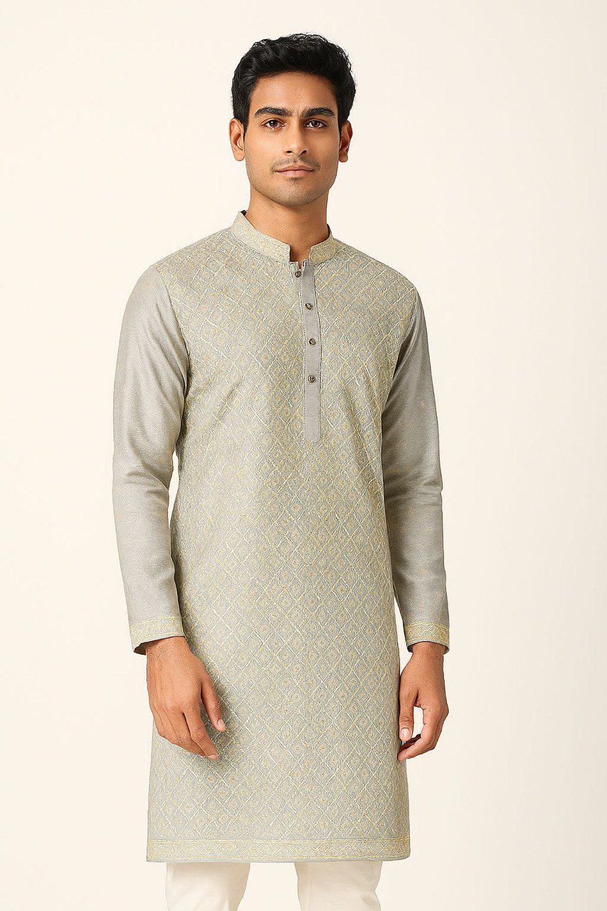 Premium pastel rayon viscose fabric with digital print, thread embroidery and sequin work for ethnic festive kurta outfits

