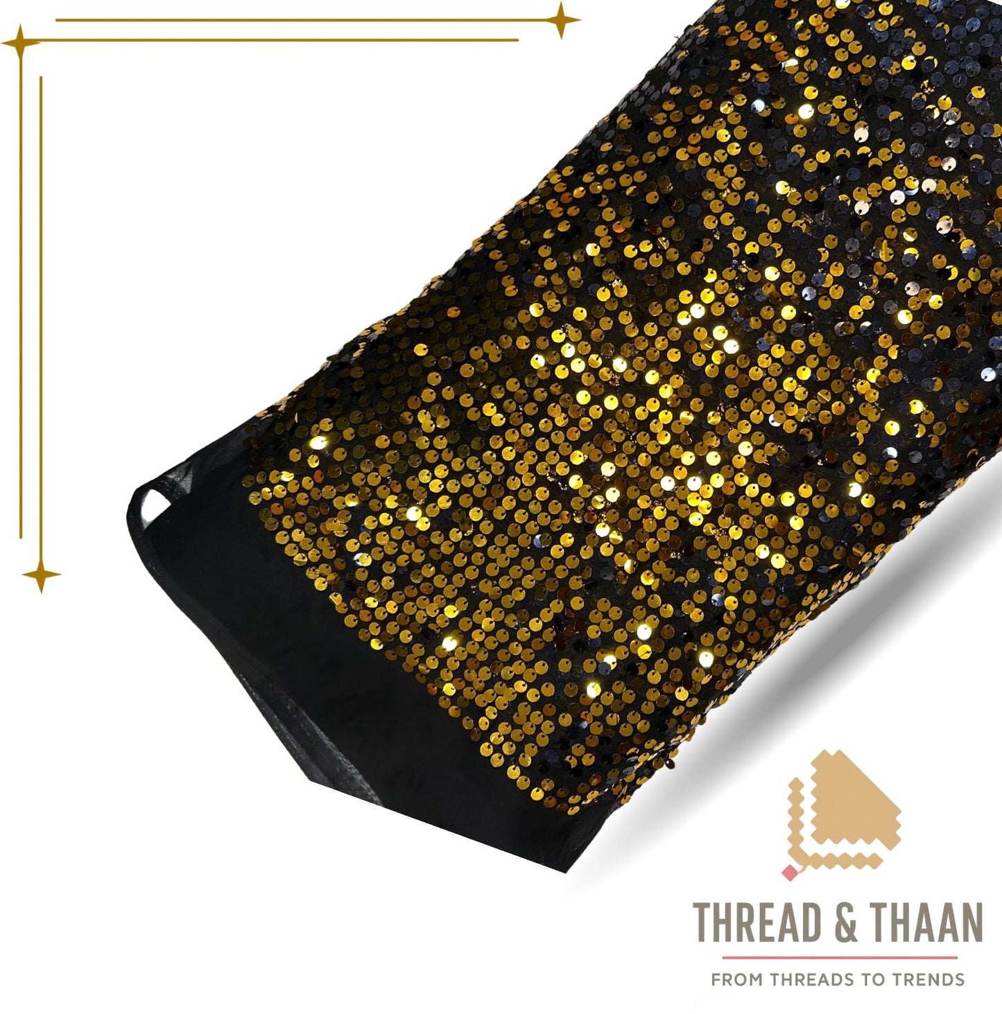Blue and gold sequin work tissue fabric for designer ethnic and party wear