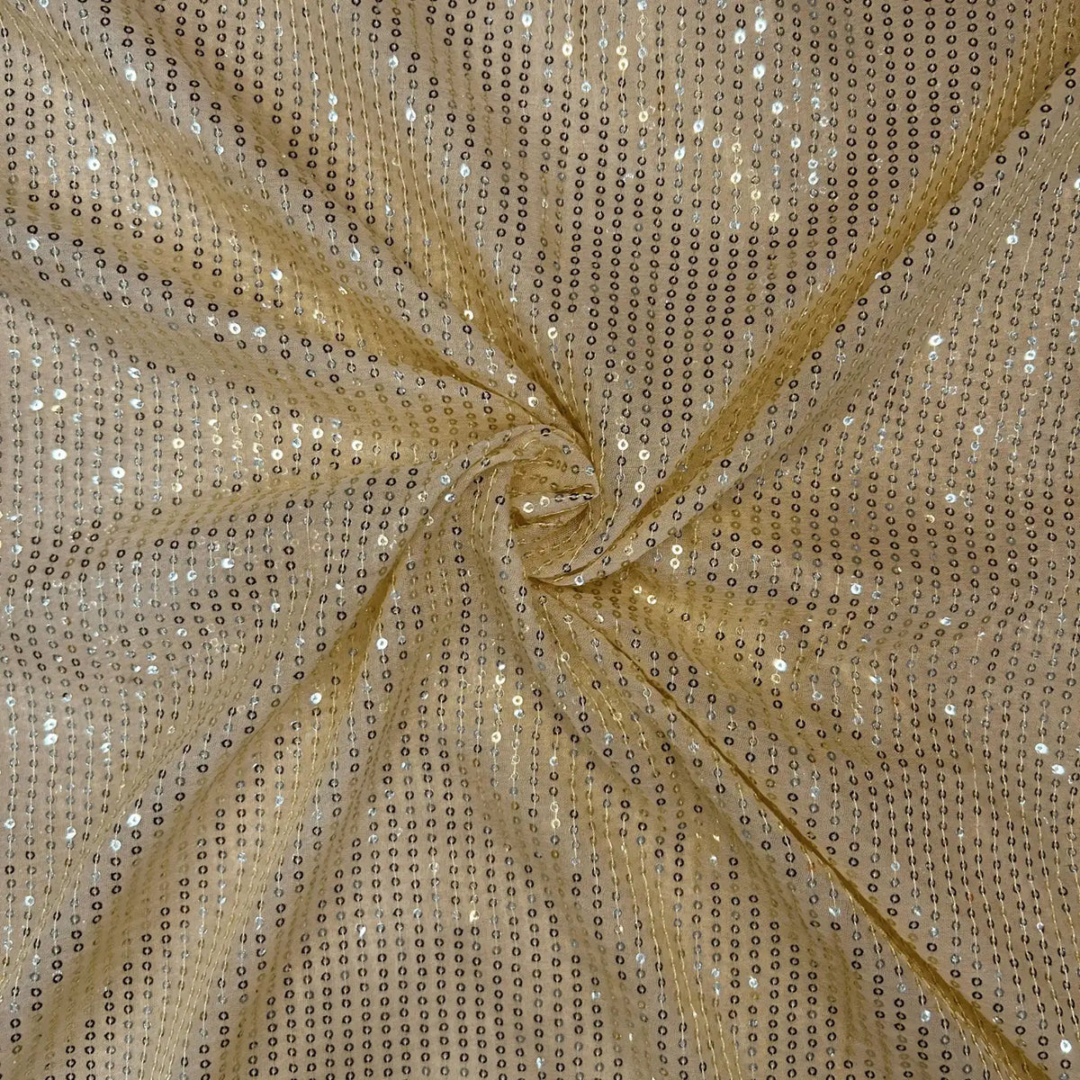 Gold Champagne Linear Sequins Embroidered Net Fabric for Bridal Gowns, Sarees and Party Wear.