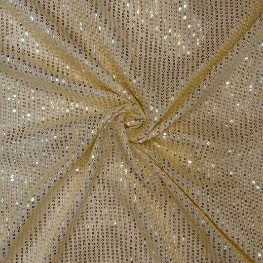 Gold Champagne Linear Sequins Embroidered Net Fabric for Bridal Gowns, Sarees and Party Wear.