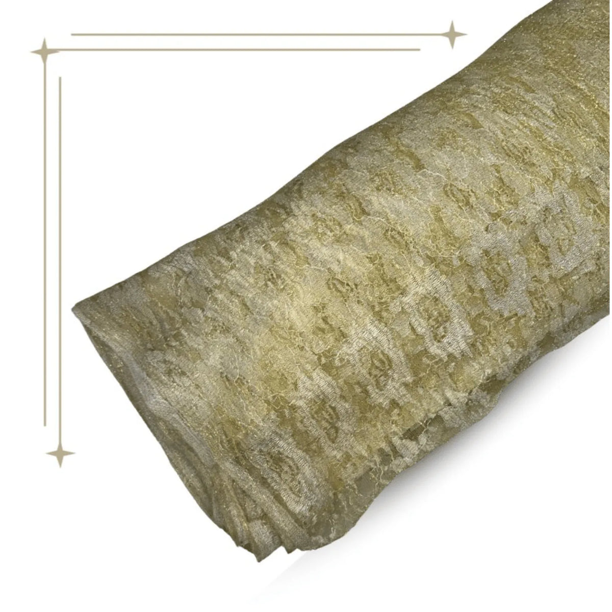 Rolled premium golden decoration net fabric with elegant embroidered thread work and rich textured finish, ideal for saree borders, blouses, lehengas, gowns and décor.