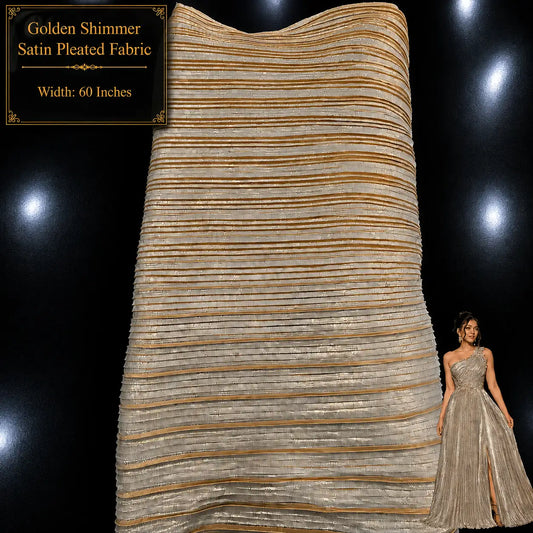 Golden shimmer satin pleated fabric, 60-inch width, premium metallic pleated fabric for gowns, sarees, dresses, skirts and designer fashion wear.
