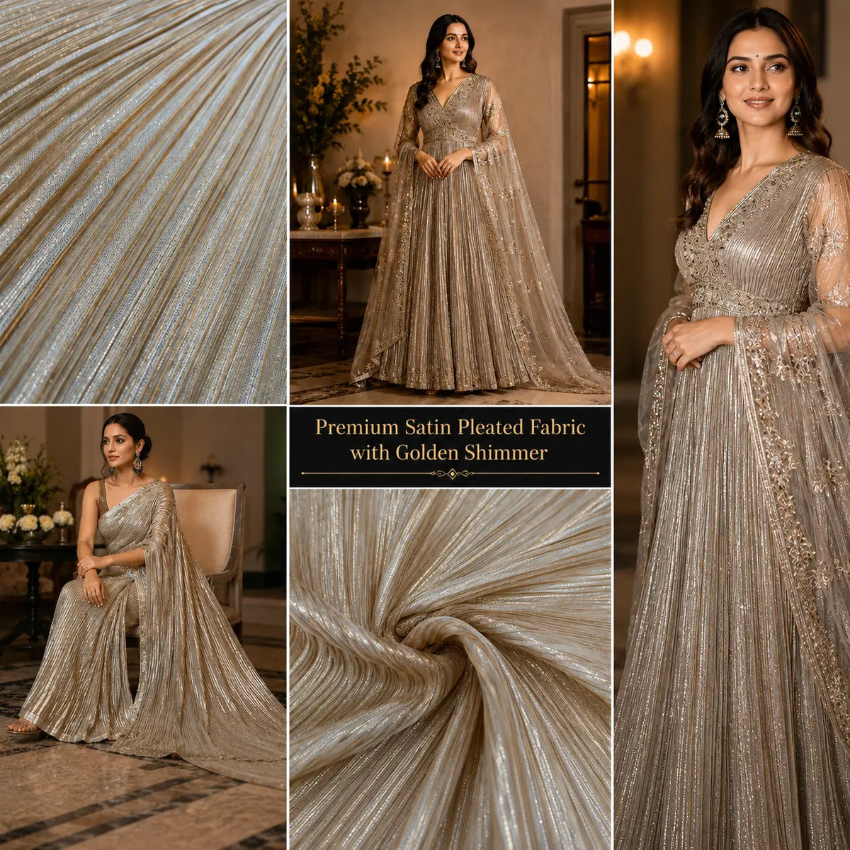Premium golden shimmer satin pleated fabric showcased as elegant gown inspiration with metallic finish, soft flowing drape, ideal for designer gowns, evening dresses, sarees, party wear and luxury fashion garments.