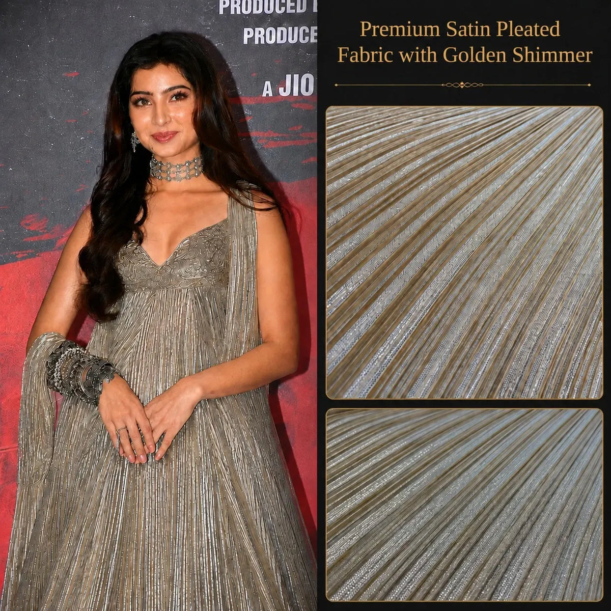 Model wearing a gown made from premium golden shimmer satin pleated fabric with metallic finish, ideal for designer gowns, sarees, dresses and luxury party wear.