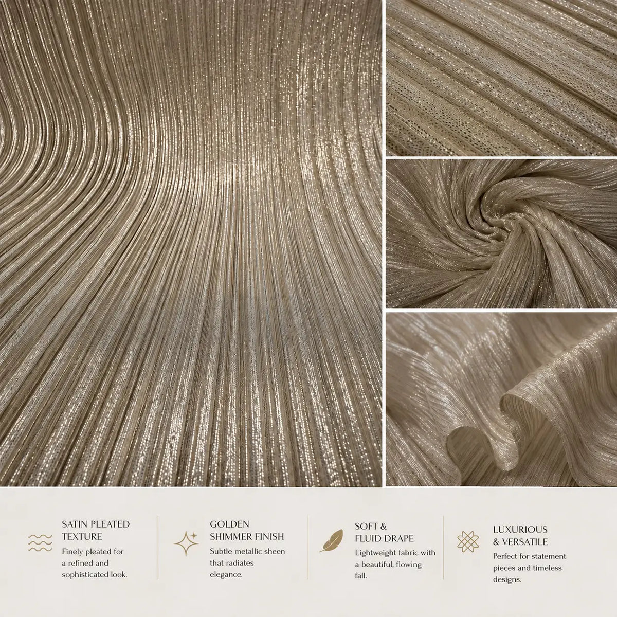 Premium golden shimmer satin pleated fabric texture with metallic finish, soft flowing drape, ideal for gowns, sarees, dresses, skirts and luxury designer fashion wear.