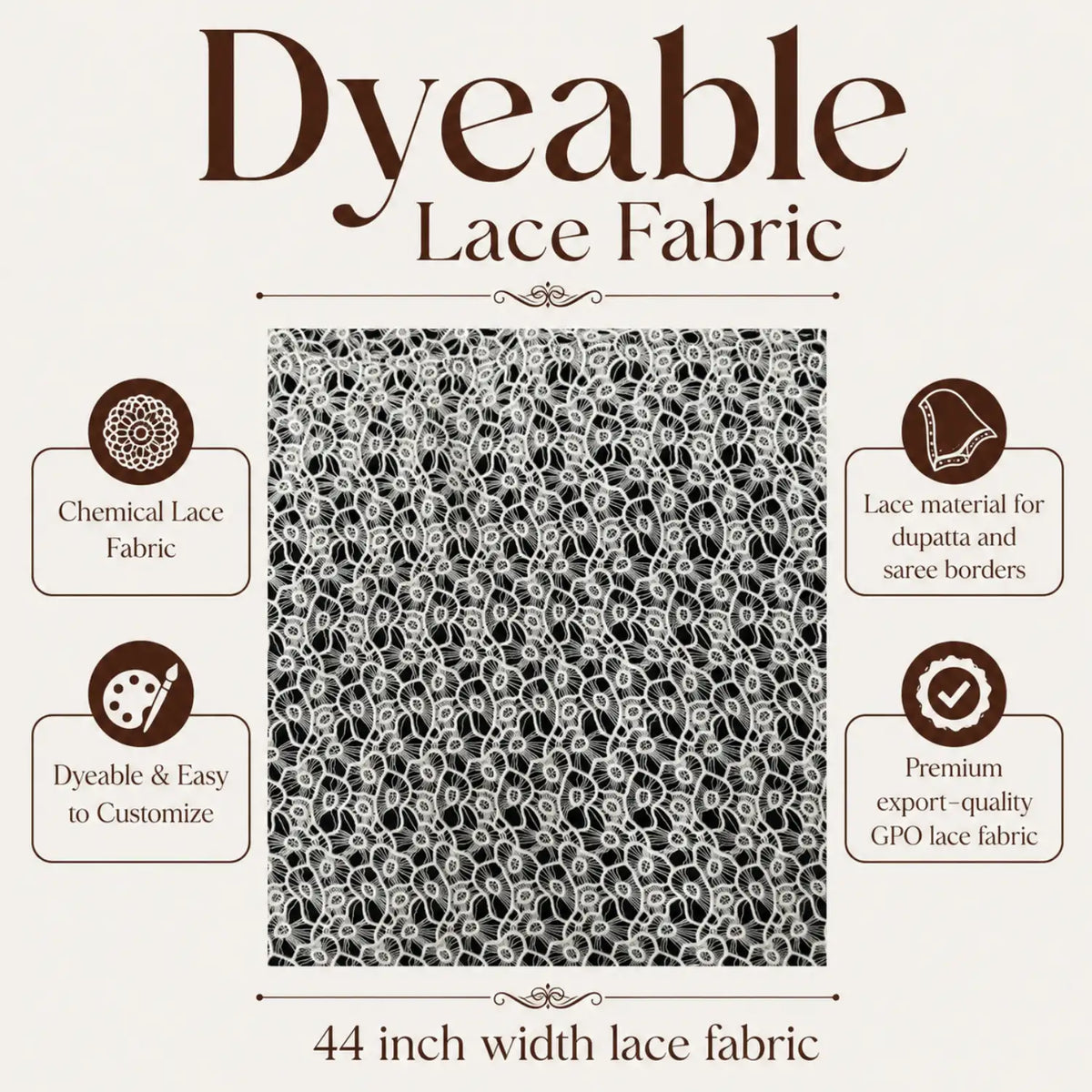 Premium GPO dyeable chemical lace fabric with elegant floral openwork embroidery, 44-inch width. Easy to dye and customize, ideal for dresses, kurtis, blouses, dupattas, saree borders, gowns and designer fashion garments.