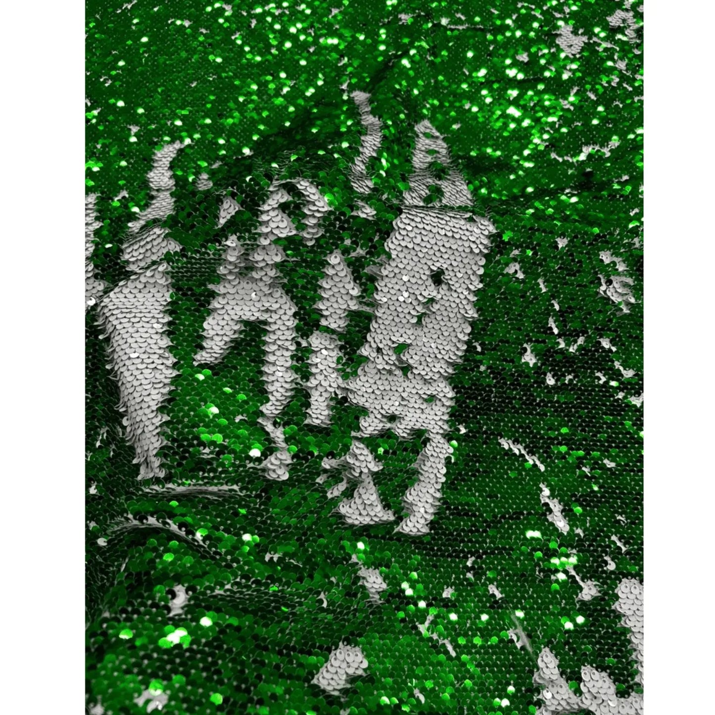 Green & Silver Reversible Flip Sequins Net Fabric with Two-Tone Effect.