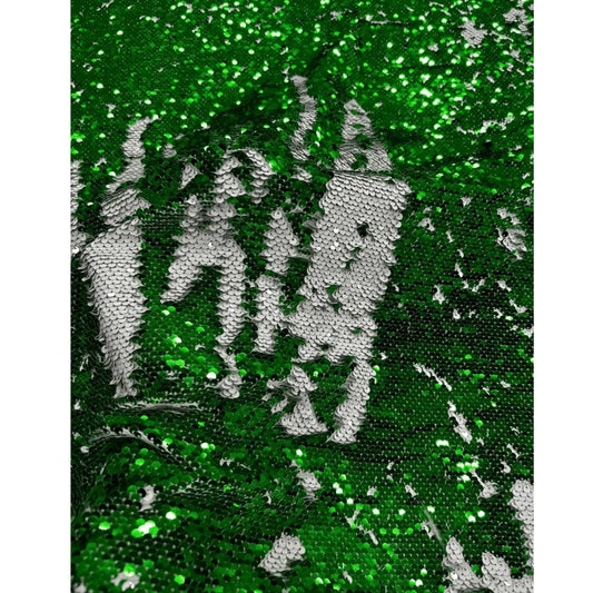 Green & Silver Reversible Flip Sequins Net Fabric with Two-Tone Effect.
