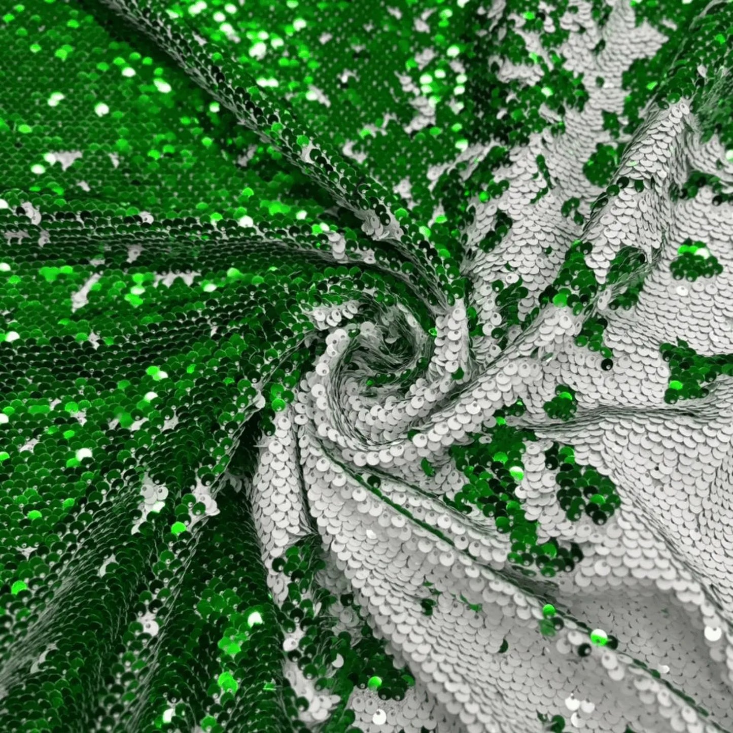 Green & Silver Reversible Flip Sequins Net Fabric for Gowns, Costumes and Party Wear.