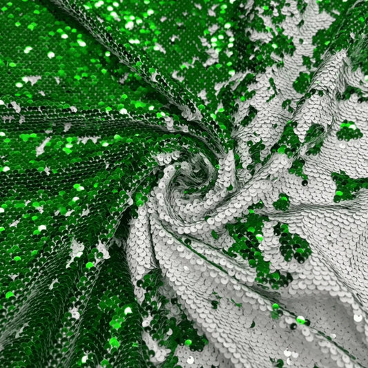 Green & Silver Reversible Flip Sequins Net Fabric for Gowns, Costumes and Party Wear.