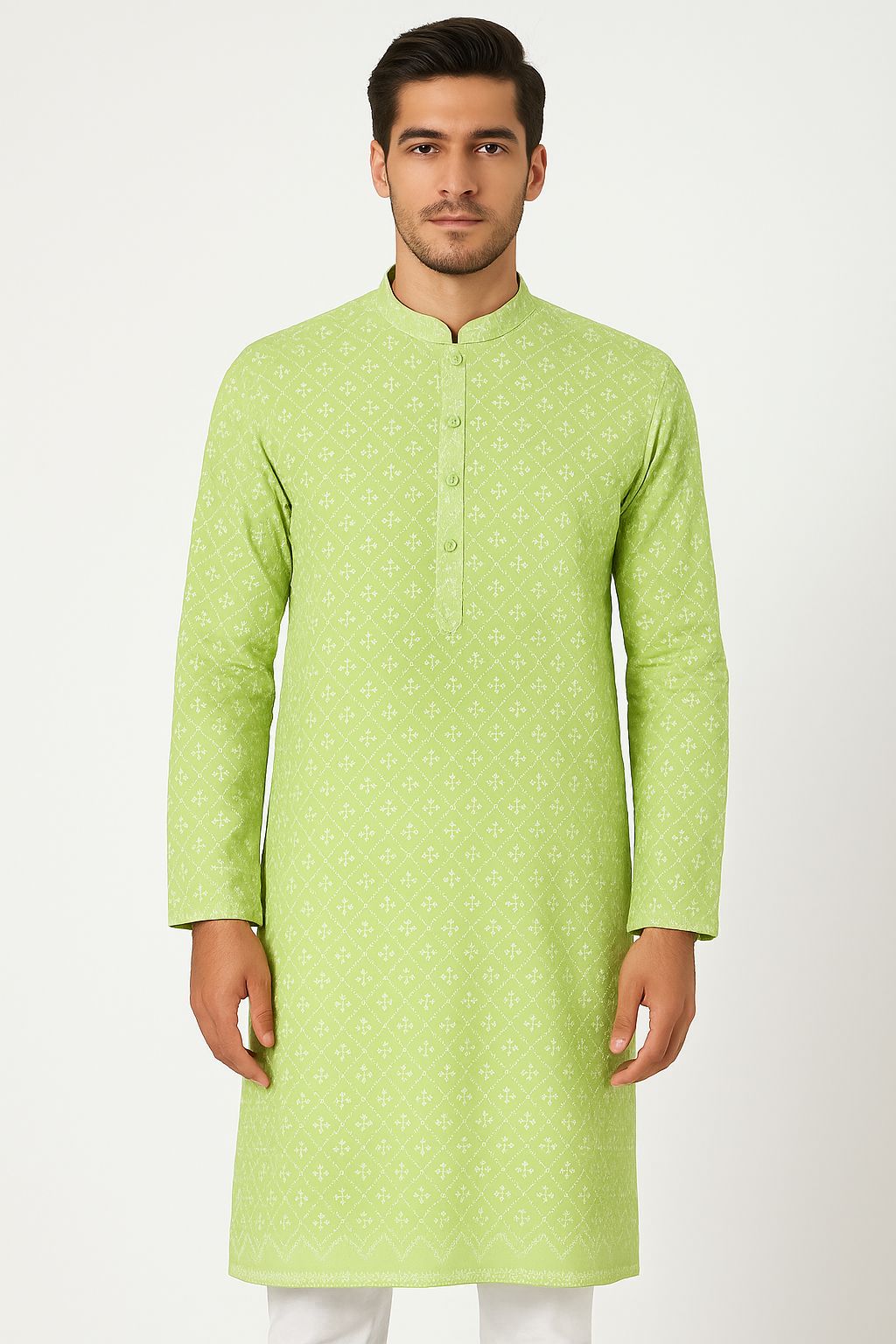 Premium pastel green pure cotton fabric with lakhnavi thread embroidery for ethnic and festive clothing


