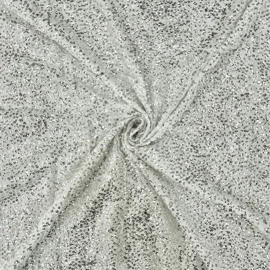 Luxury grey glitter embroidered mesh fabric with all-over khichdi sequin work on soft net, ideal for cocktail dresses, reception gowns, couture outfits, ethnic wear and fashion design projects.