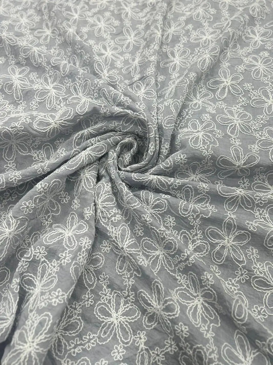 Grey Mal Chanderi fabric with white floral thread embroidery, 55-inch width and 49-inch embroidery work.