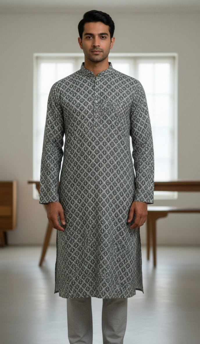 grey kurta material roman silk chikankari silver sequin