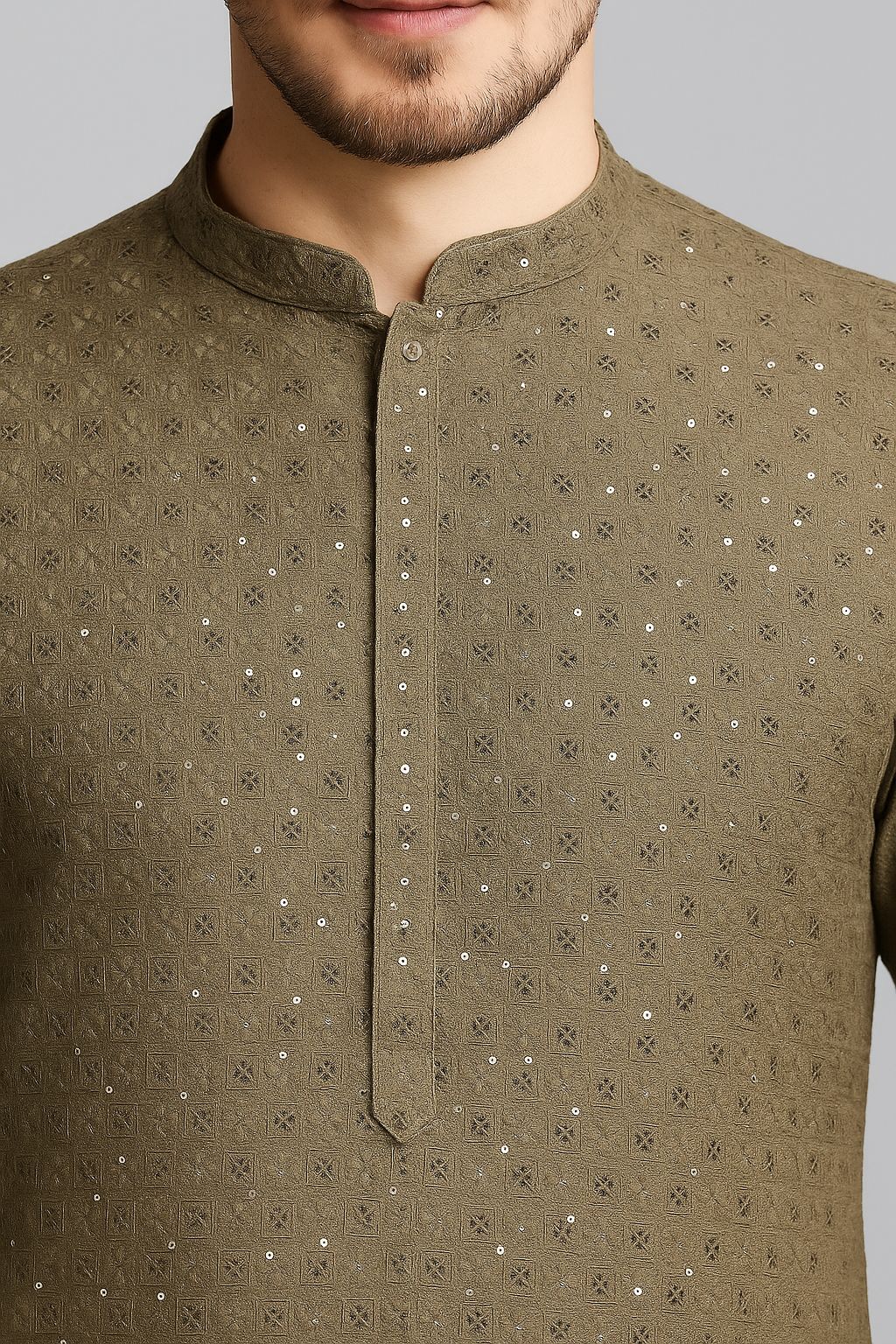 Premium grey rayon viscose sequin and embroidery fabric for men’s traditional and festive kurta wear

