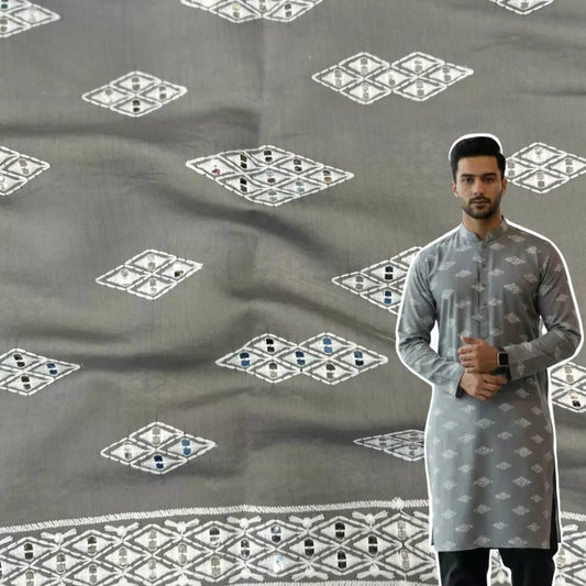 Men’s grey Roman silk kurta fabric with white mirror work and thread embroidery — premium festive material.