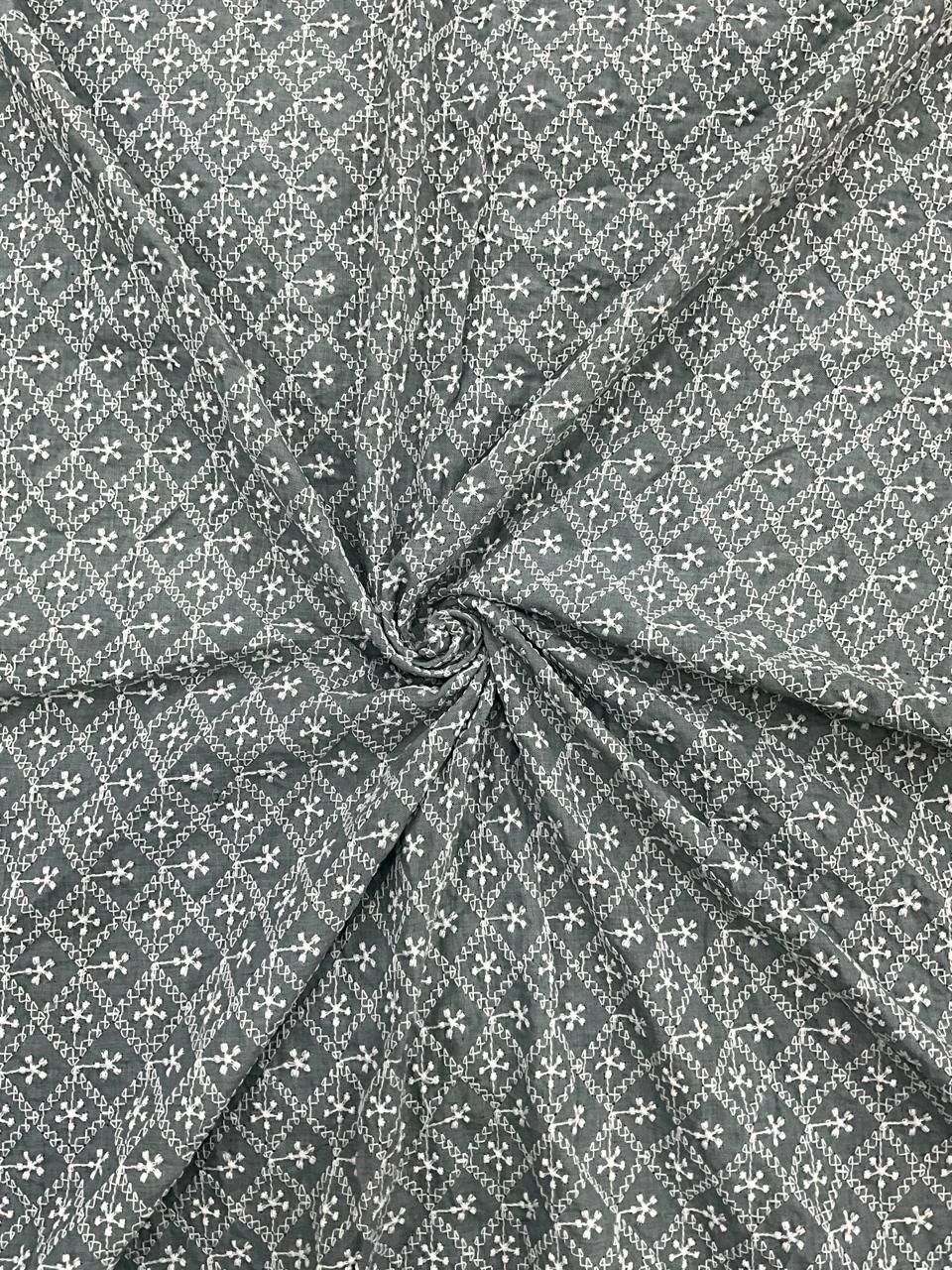 Grey pure cotton lakhnavi embroidered fabric for kurta, suit and festive wear

