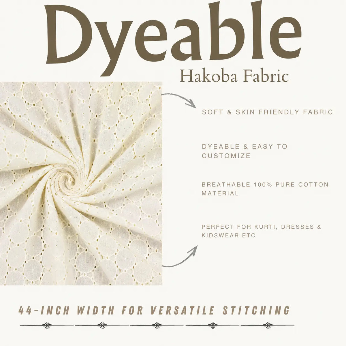Pure cotton dyeable Hakoba Schiffli fabric poster highlighting 44-inch width and breathable embroidery.