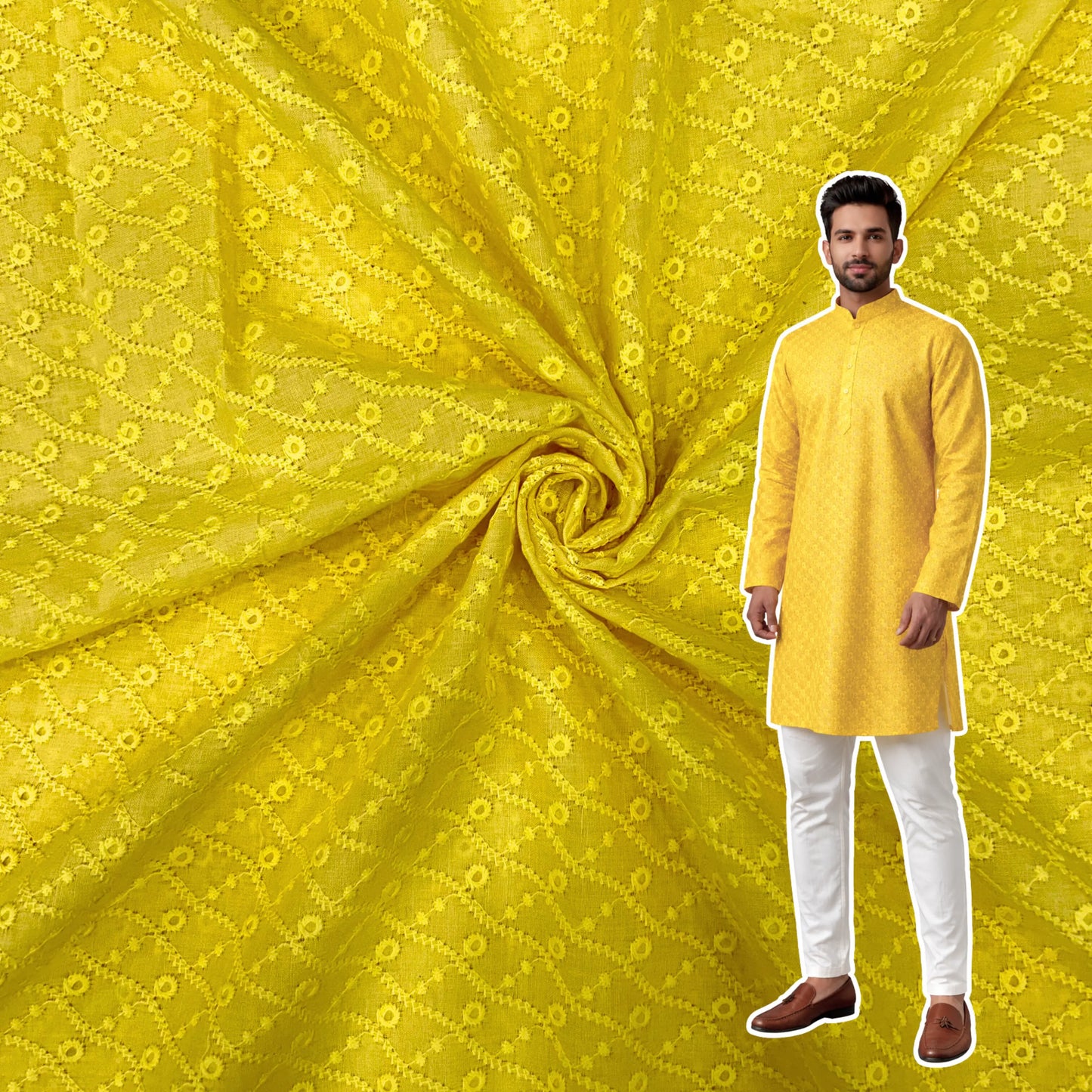 Lemon yellow pure cotton pagdi design embroidered fabric for haldi special and festive season kurta wear