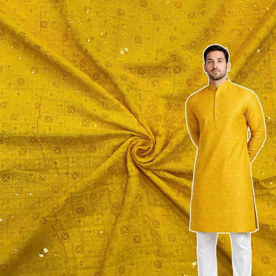 Yellow chess design rayon viscose embroidered kurta fabric with sequin work for haldi special and festive season wear