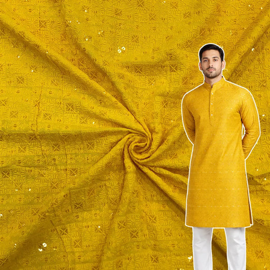 Yellow chess design rayon viscose embroidered kurta fabric with sequin work for haldi special and festive season wear