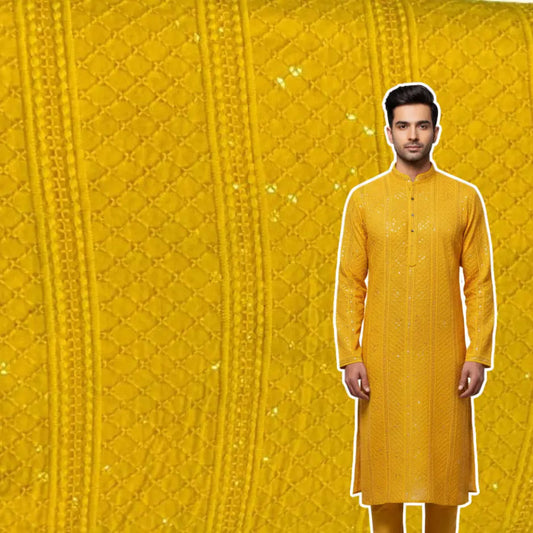 Yellow rayon viscose embroidered kurta fabric with sequin patta design for haldi function special menswear