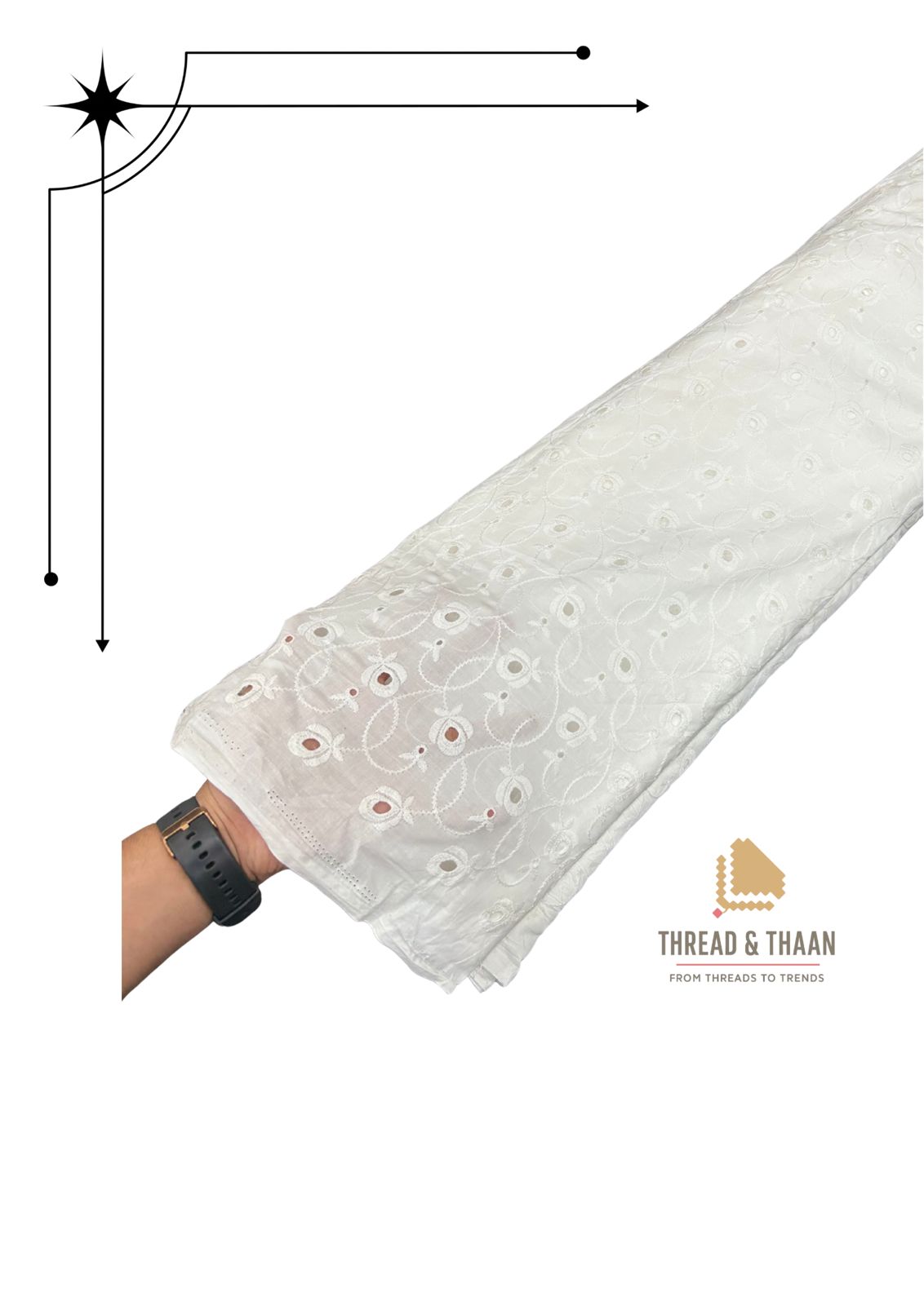 Soft, breathable white cotton fabric with all-over floral cutwork (Hakoba) for ethnic wear and beautiful Indo-Western dresses.