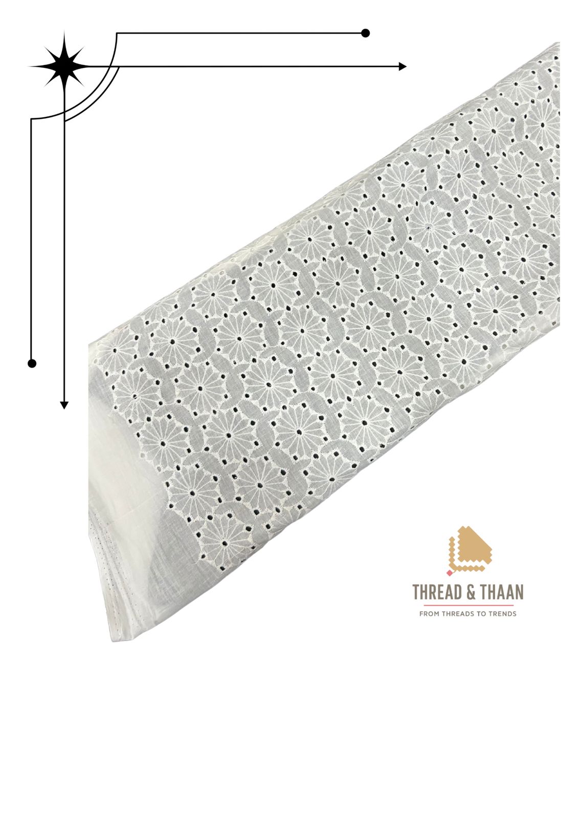 Soft, breathable white cotton fabric with delicate Hakoba cutwork embroidery, 44 inches wide, ideal for making traditional and modern garments.