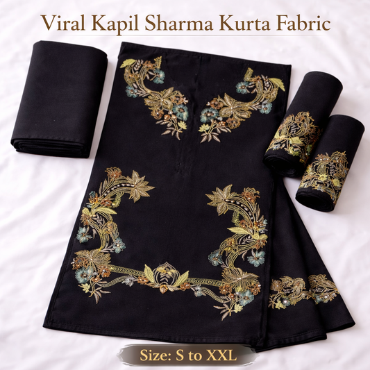 Viral Kapil Sharma Black Kurta Fabric Set with Embroidery | Armani Lachka Unstitched Material (S to XXL)