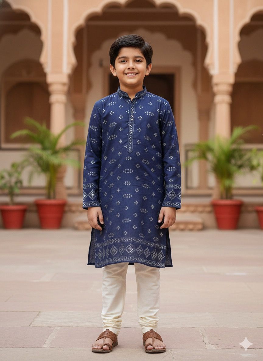 Navy blue Roman silk mirror work kurta fabric for kids wedding Eid and celebration wear