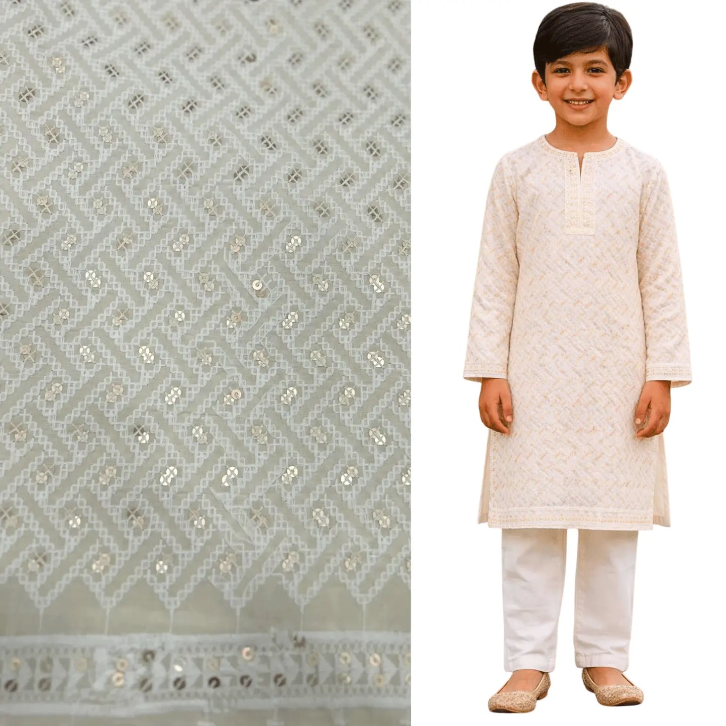 Kids off-white cotton cambric kurta fabric with soft touch thread embroidery