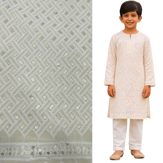 Kids off-white cotton cambric kurta fabric with soft touch thread embroidery