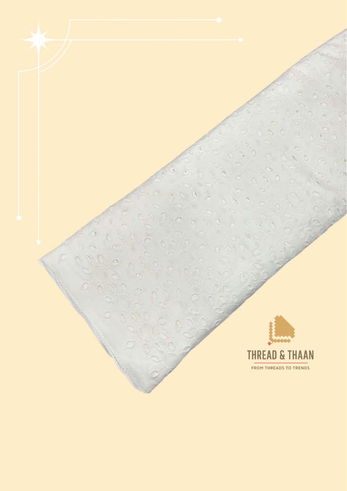 Soft, breathable white cotton with 44-inch width and intricate Schiffli cutwork design, ideal for designer kurtis and tunics.