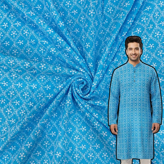 Blue pure cotton lakhnavi embroidered fabric for kurta, suit and festive wear