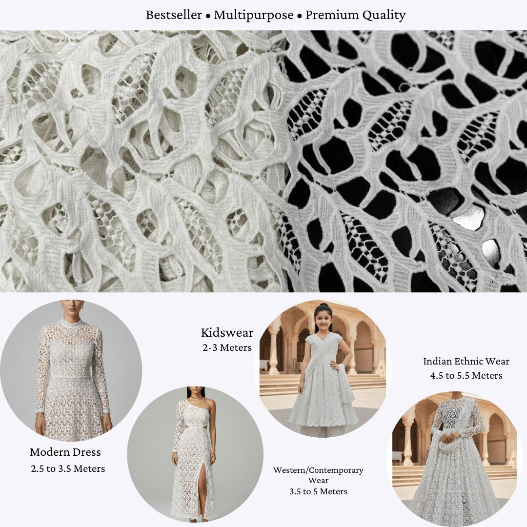 Dyeable white chemical lace fabric with leaf embroidery, customizable for garments.