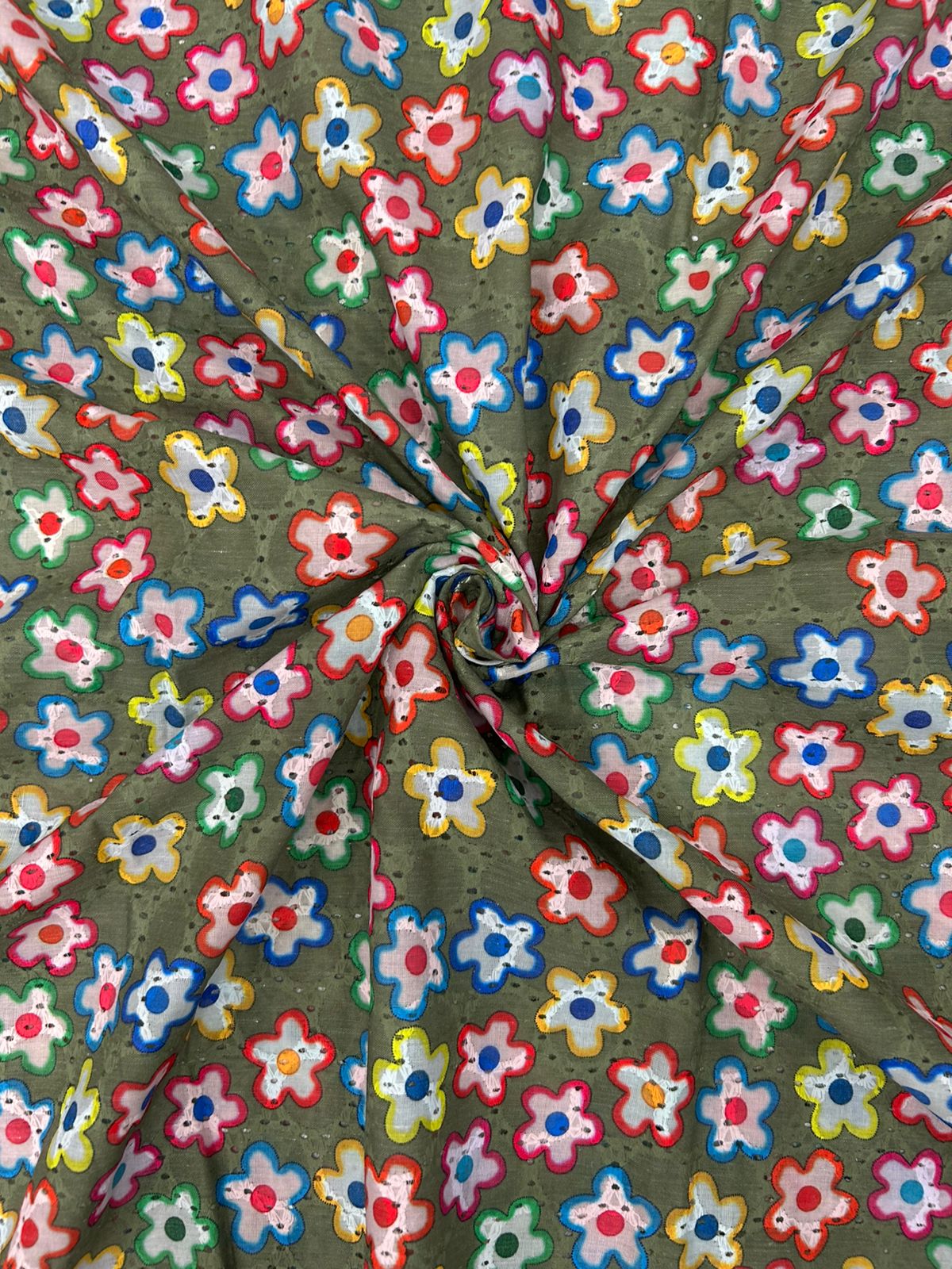 Close-up of breathable 100% cotton floral print fabric (44-inch width) with delicate Hakoba embroidery for dresses.