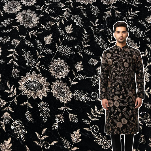 Luxury brown velvet embroidery fabric with rich floral work for sherwani and coats