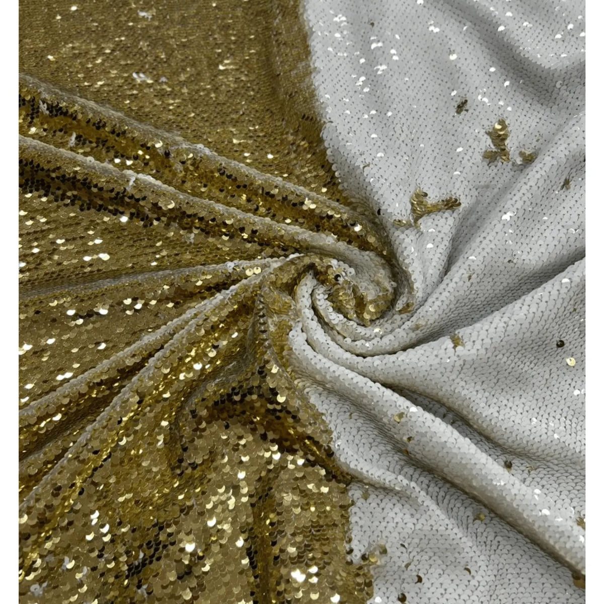 Premium Gold White Reversible Sequin Net Fabric with sparkling flip sequins and luxurious glitter finish, ideal for designer gowns, wedding outfits, festive wear and evening couture.
