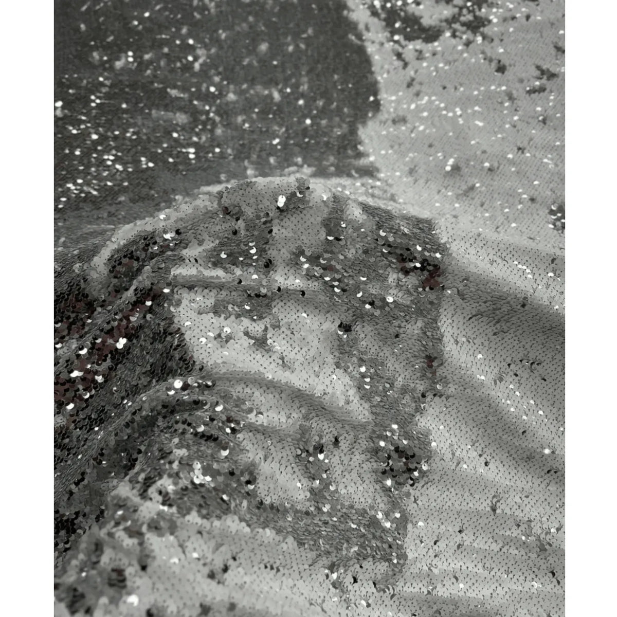 Luxury Grey to Silver Reversible Sequin Net Fabric Draped Close-up